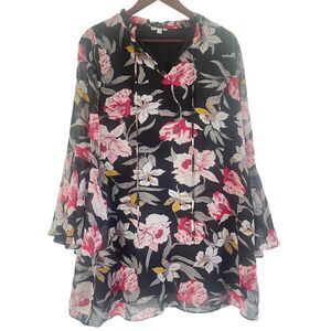 Umgee Black Floral V-Neck Dress M Bell Sleeves Knee Length Casual Party